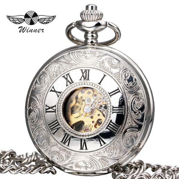 

winner classic fashion watches mechanical pocket watch carved lid pendant chain skeleton dial roman numerals gift, Slivery;golden