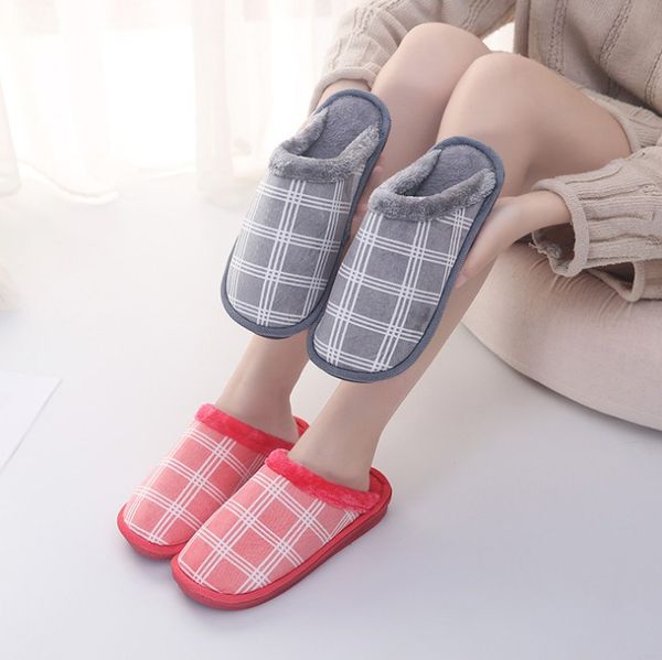 

winter shoes grid pattern indoor household slippers keep warm plush thickening non-slip women casual shoes thick sole cotton-padded shoes d1, Black