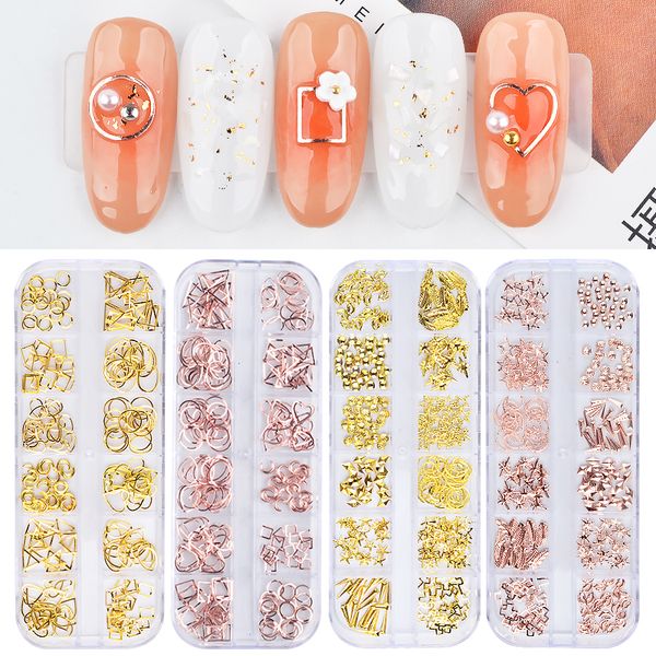 

1 box rose gold metal nail slices ultrathin metallic flakes 3d nail studs rivet for diy hollow art decorations manicuretool, Silver;gold
