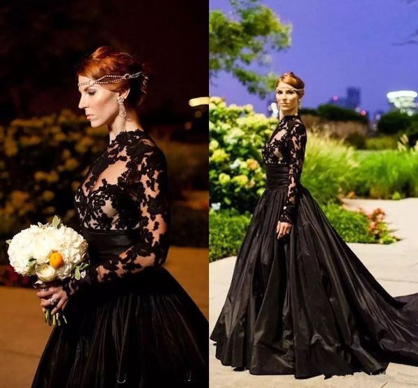

Black Vintage Gothic Style Prom Dresses Long Sleeve High Neck A-Line Evening Gown Sweep Train Plus Size