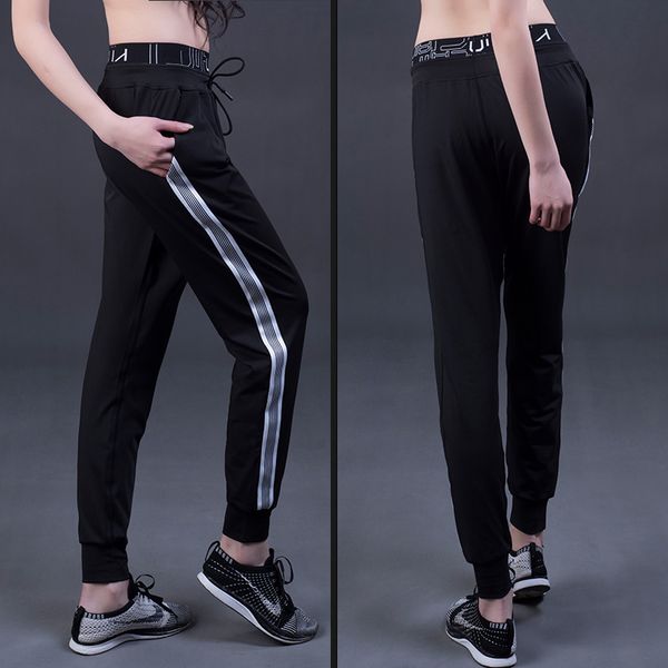 

women sports pants running fitness yoga quick dry elastic female trainning & exercise black or grey patchwork trousers, Black;blue