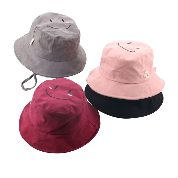 

foldable sun hat travel outdoor hiking cap children unisex smile printed tie rope cute cotton breathable colored bucket caps, Black;white