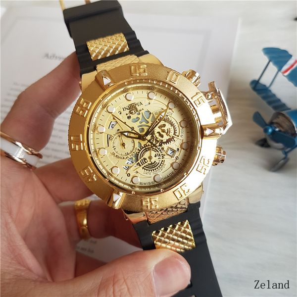 

sell all subdials work invicta luxury gold watch men sport quartz chronograph auto date rubber band pywatch for male gift, Slivery;brown