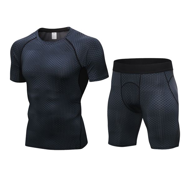

men's compression running jogging suits clothes sports set short sleeves t shirt and shorts gym fitness workout tights clothing, Black;blue