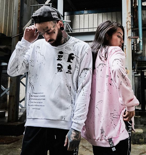 

Fashion Zipper Ribbon Hoodies Inked Graffiti Printed Pullover Sweatshirts Black White Long Sleeve Hip Hop Skateboards Swag Hoodies M-2XL