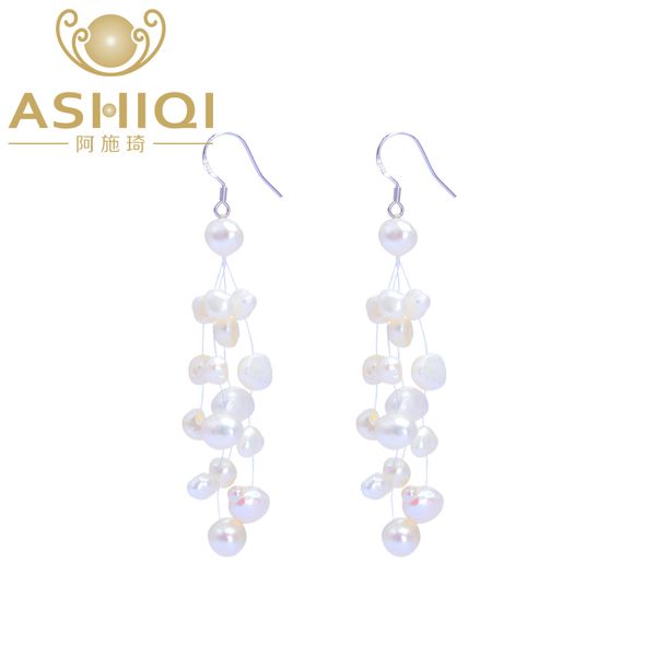 

ashiqi authentic natural baroque freshwater pearl earring tassels 925 sterling silver drop earrings for women gift drop shipping, Golden;silver