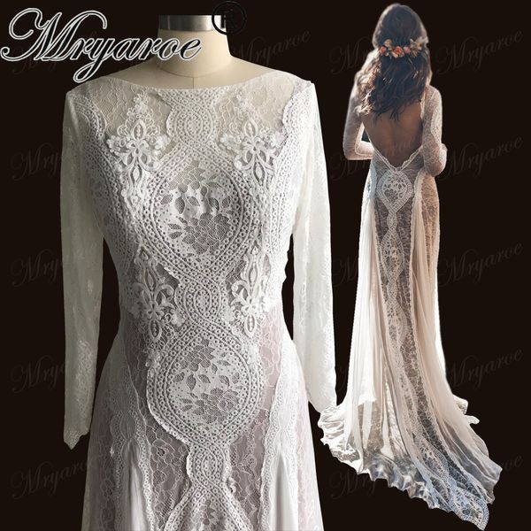 

кружева bohemian свадебное платье эластичный с длинным рукавом открыть назад boho chic шифон измельчитель роскошные свадебные платья халата, White