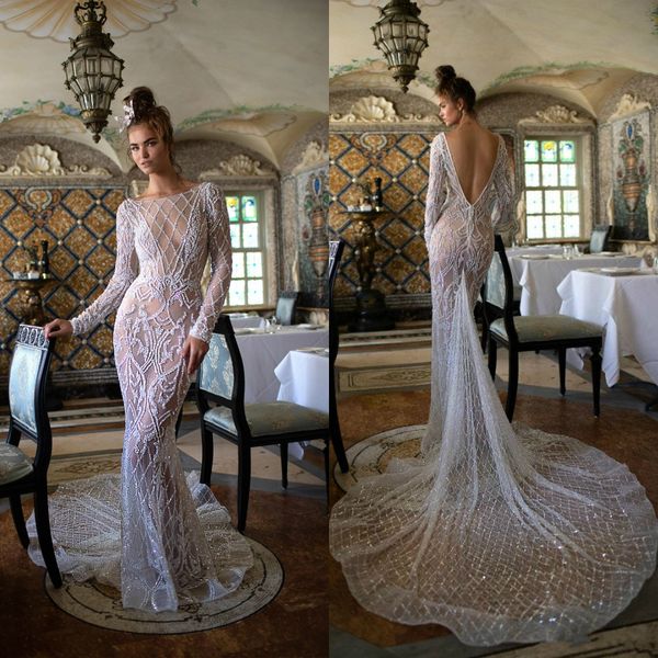 

2019 berta mermaid wedding dresses illusion sequins beaded long sleeve backless bridal gowns robe de mariÃ©e soirÃ©e, White