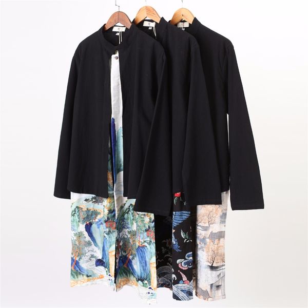 

traditional chinese linen long shirts men long sleeve stand shirts vintage spliced ethnic outfit shirt camisa masculine dmf-4, Red