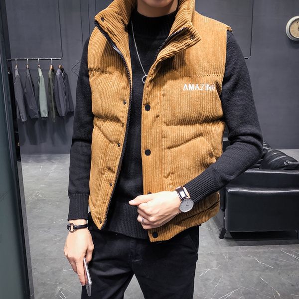 

2018 men's vest fall winter men's jacket cotton large size korean version of the self-cultivation down jacket vest tide corduroy v, Black;white
