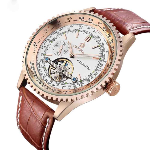 

wengle new orkina tourbillon automatic men belt hollow luminous decorative luxury gift dress commerce mechanical watches, Slivery;brown