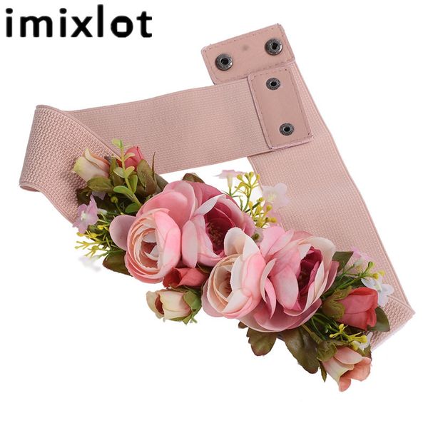Imixlot Süße Elegante Frauen Rosa Blume Gürtel Elastische Taille Kette Hochzeit Schnalle Bund Boho Floral Gürtel Zubehör
