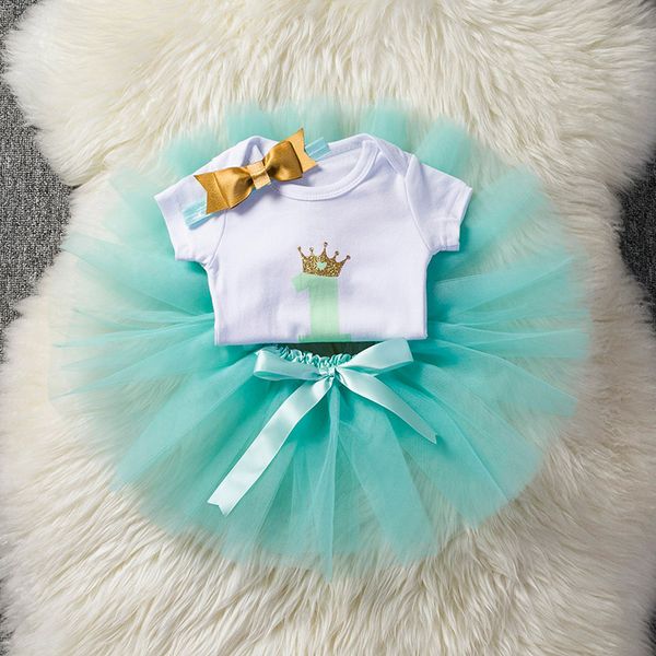 

summer new baby clothing one year old birthday party dress rompers mini skirt and bow headband white romper + tulle skirt