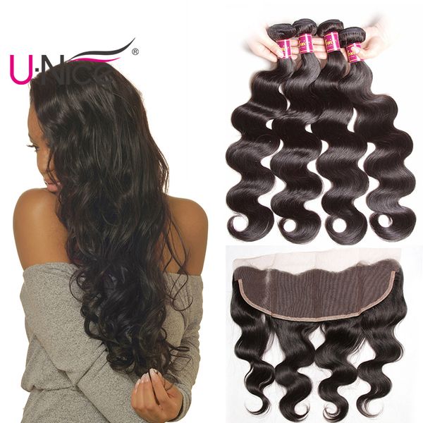 

unice hair virgin brazilian straight 4 bundles with frontal ear to ear hair weaves with body wave lace frontals remy human hair cheap, Black;brown