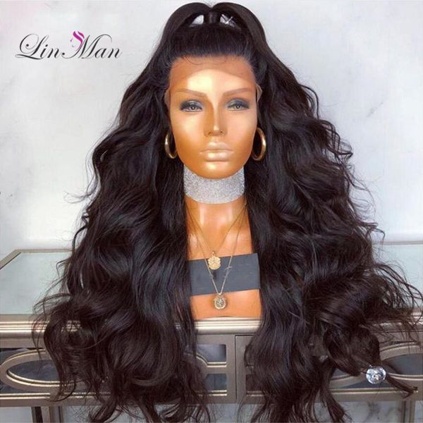 

brazilian remy human hair body wave lace front wigs with baby hair around cap full lace wig pre-plucked hairline lin man, Black
