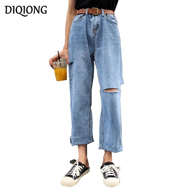 

diqiong boyfriend jeans for women 2018 vintage distressed regular spandex ripped jeans denim washed pants woman, Blue