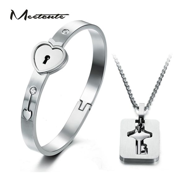 

meetcute heart love lock bracelet with lock key pendant necklace titanium steel bangle couple sets jewelry woman man, Silver