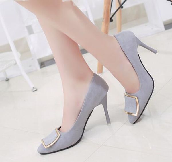 

2018 Spring New Korean Square buckle High-heeled shoes High-heeled Tips Shallow mouth Suede Shoes Wild Worksheet Shoes LEIKUAN