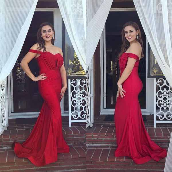 

red mermaid prom dresses 2018 off the shoulder satin backless ruffles design sweep train evening dresses custom made, Black