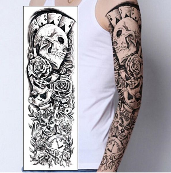 Acheter Autocollant De Tatouage Temporaire Crâne Clown Poker Horloge Conception Pleine Fleur Bras Corps Art Beckham Grand Grand Faux Autocollant De