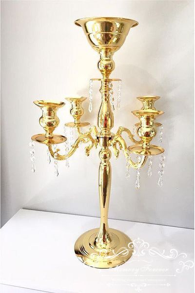 

30" tall gold arm shiny metal candelabra chandelier with hanging crystals votive candle holder wedding centerpiece