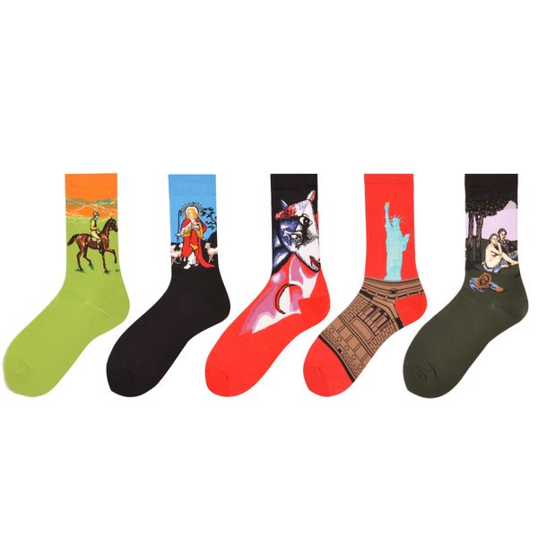 

womens art world famous painting art printed sock funny casual cotton crew socks personality male oil painting socks, Black