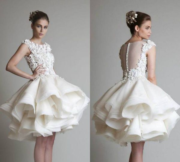 Vestidos De Casamento Curto 3D Floral Apliques Frisado Jewel Neck Tiered Tulle Praia Vestidos De Noiva Babados Plus Size Vestido De Noiva robe de mariée