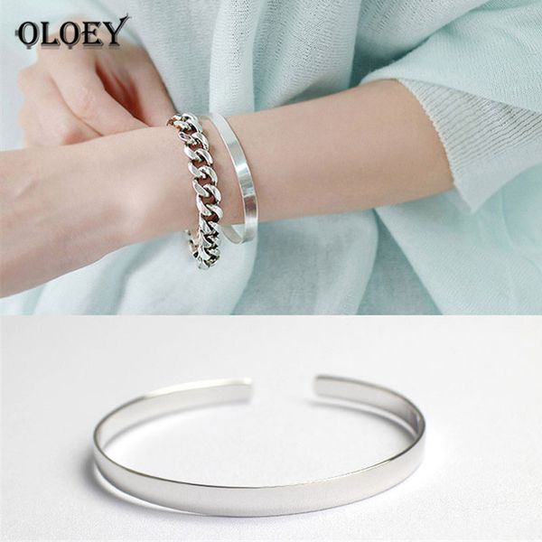 

oloey 100% real 925 sterling silver smooth round open bracelets & bangles for women minimalism fine jewelry drop shipping ymb051, Golden;silver