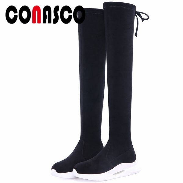 

conasco 1new arrival women over the knee boots autumn winter warm platforms flats round toe slip-on casual quality stretch boots, Black