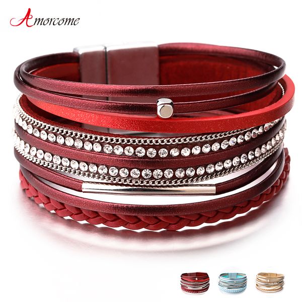 

amorcome braided multilayer bracelets for women femme crystal metal tube charm wide wrap leather bracelet female jewelry, Golden;silver