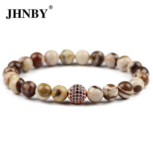 

jhnby inlay zircon copper ball charms bracelet&bangle natural zebra stone 8mm beads men women fashion jewelry pulsera hombres, Golden;silver