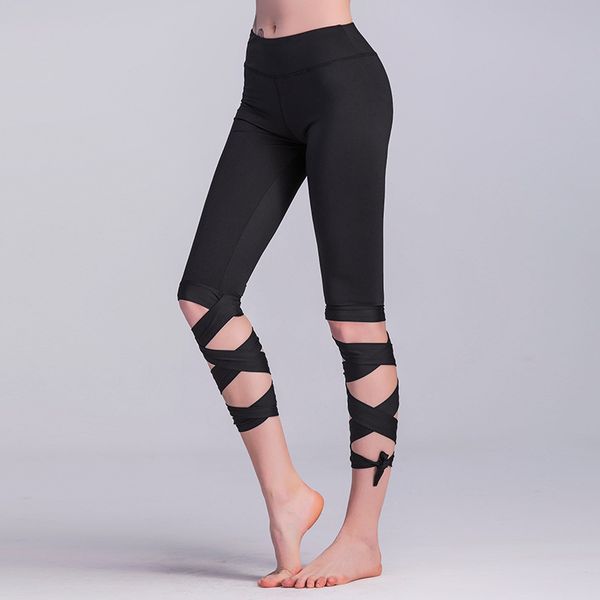 

wholesale breathable tight half sport pants capri length yoga pants wrap ties turnout leggings capri sports pants legging, Black;white