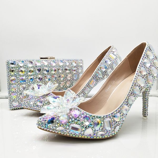 

handmade silver crystal ab wedding shoes with handbag pointed toe women party prom pumps 3 inches high heel birthday shoes, Black