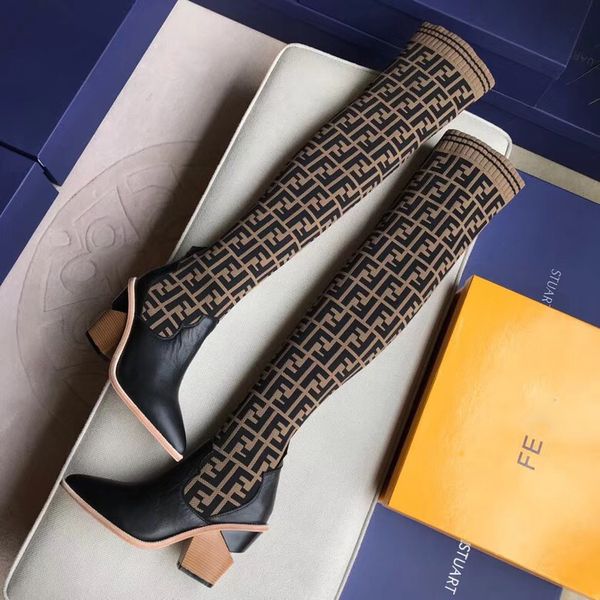

2018 Fashion luxury designer women high heel Stretch-Knit sock boots 22 inches over the knee boots F Breathable Elastic ladies winter boots