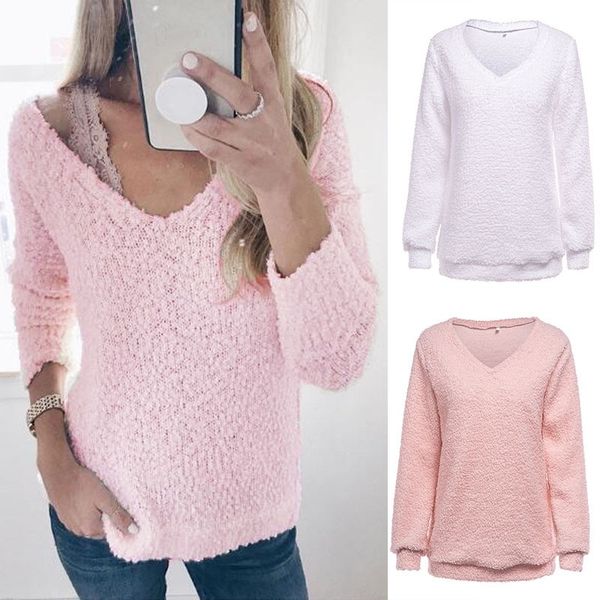 

Women Autumn V-neck Fur Pullover Sweater Spring Autumn Pure Color Full Sleeve Casual Knitted Tops Wholesale
