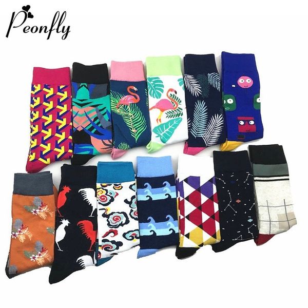 

peonfly 2018 autumn cartoon animal flamingo rooster pattern socks men fashion printing leaves stripe lattice colorful socks male, Black