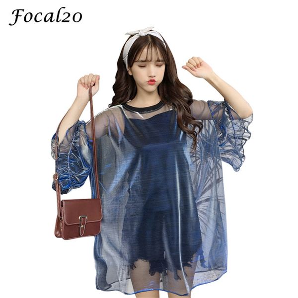 

focal20 streetwear mesh women sets camis and t-shirt ruffle sleeve o-neck see through t-shirt women suits, Gray