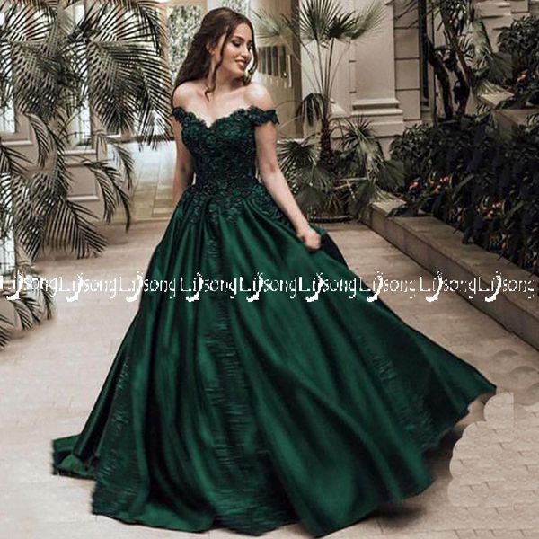 

2018 emerald off shoulder evening dress ball gown appliques dubai vestido de festa winter prom party wear ball gown lace up with petticoat, Black;red