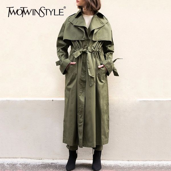 

twotwinstyle draw string women's windbreaker lace up high waist single breasted long jacket female autumn casual clothing 2018, Tan;black