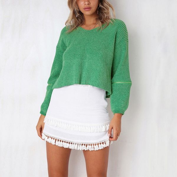 

2018 cuff zipper long sleeve knitted women v-neck loose casual pullover spring winter elegant solid sweater plus size6q1933, White;black
