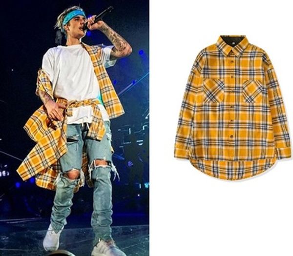 

2018 new high street tide men and women couple yellow korean plaid shirt oversize bf wind long sleeve front short long shirt, White;black