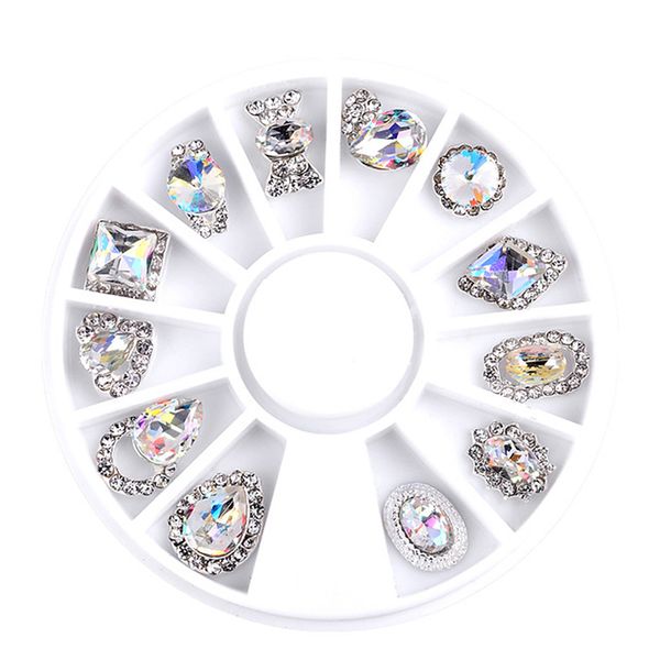 

12 grids nail decoration white ab rhinestones nail studs manicure round square art decorations, Silver;gold