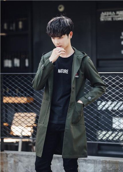 

autumn new windbreaker men's long coat casual handsome thin korean version of the trend hooded jacket -4xl, Tan;black