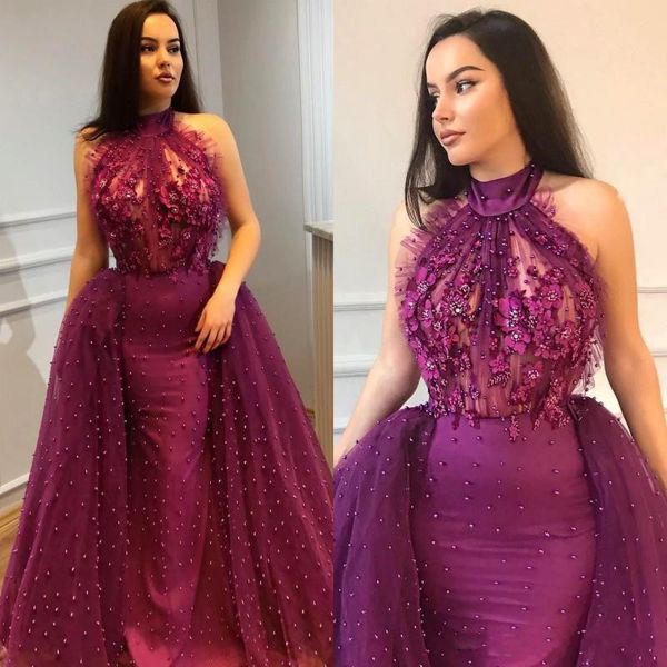 

dark purple halter neckline mermaid prom dresses long beads overskirts evening gowns pleats backless party cocktail dress, Black