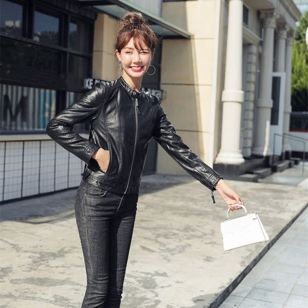 

fashion autumn mandarin collar leather jackets women slim motorcycle cool overcoats black bomber belt outerwear