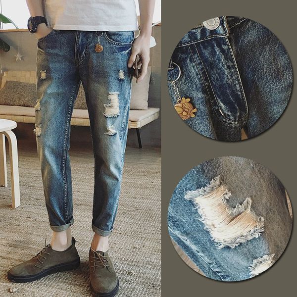 

hole pants new jeans straight cowboy men's cowboy pants korean version, Blue