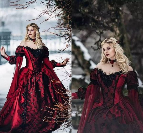 La Bella Addormentata Principessa Medievale Rosso e Nero Gotico Abito da Sposa Maniche Lunghe in Pizzo Appliques Abiti da Sposa Vittoriani su Misura