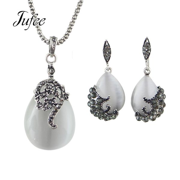 

jufee vintage style jewelry set antique silver color chain with rhinestone opal flower pendant necklace and dangle earrings