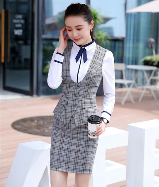 

fashion women business suits with skirt and sets vest & waistcoat grey plaid office ladies work uniforms styles, White;black