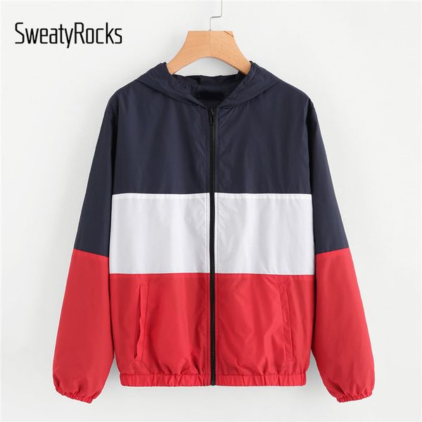 

sweatyrocks cut and sew hoodie windbreaker jacket 2018 new fashion spring colorblock zipper woman multicolor pocket jacket, Black;brown